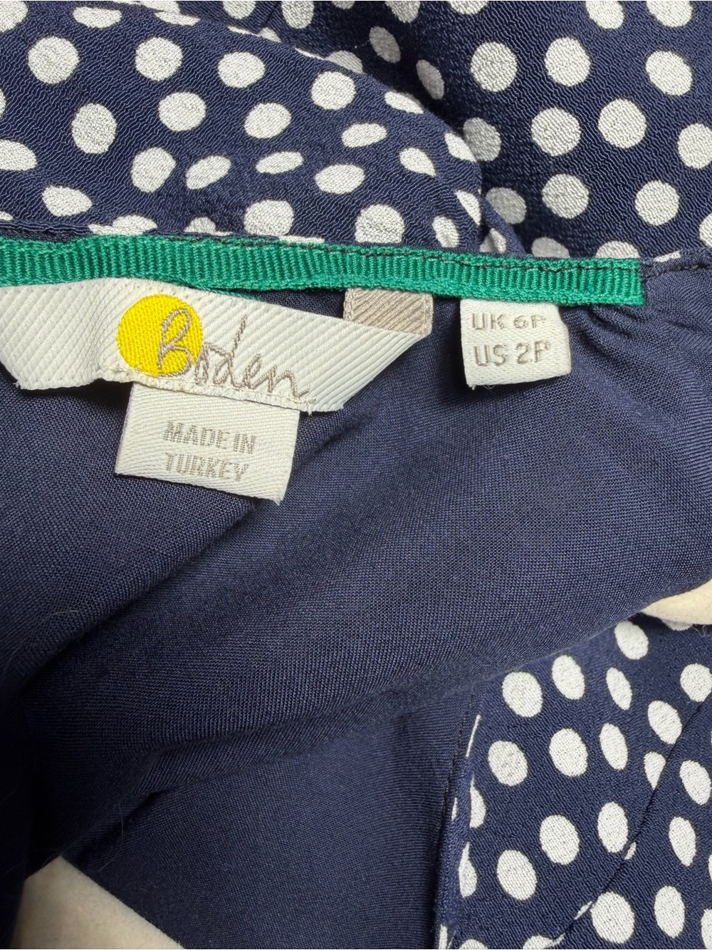 Boden “Jemima” Ruched Short Sleeved Dress Navy & White Polka Dot. Size 2P. NWOT - Picture 15 of 16